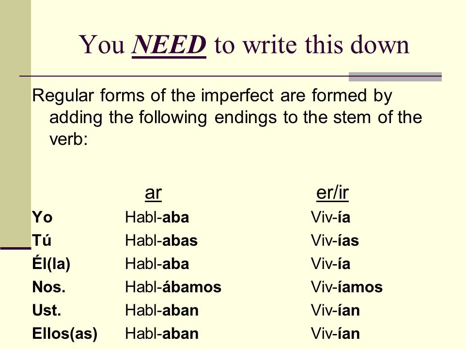 You NEED to write this down Regular forms of the imperfect are formed by adding the following endings to the stem of the verb: ar er/ir YoHabl-abaViv-ía TúHabl-abasViv-ías Él(la)Habl-abaViv-ía Nos.Habl-ábamosViv-íamos Ust.Habl-abanViv-ían Ellos(as)Habl-abanViv-ían