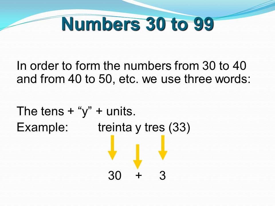 Numbers 30 to 99 In order to form the numbers from 30 to 40 and from 40 to 50, etc.