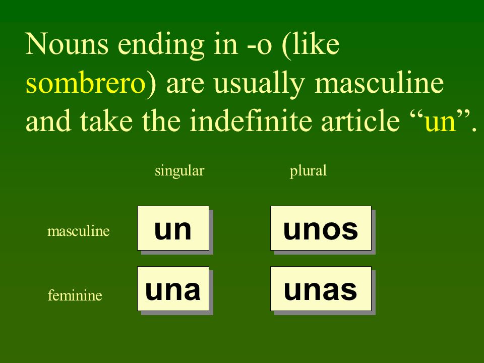 Nouns ending in -o (like sombrero) are usually masculine and take the indefinite article un.