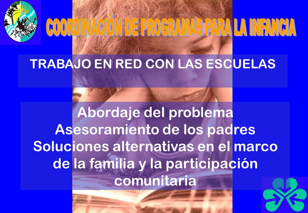 TRABAJO EN RED CON LAS ESCUELAS Abordaje del problema Asesoramiento de los padres Soluciones alternativas en el marco de la familia y la participación comunitaria