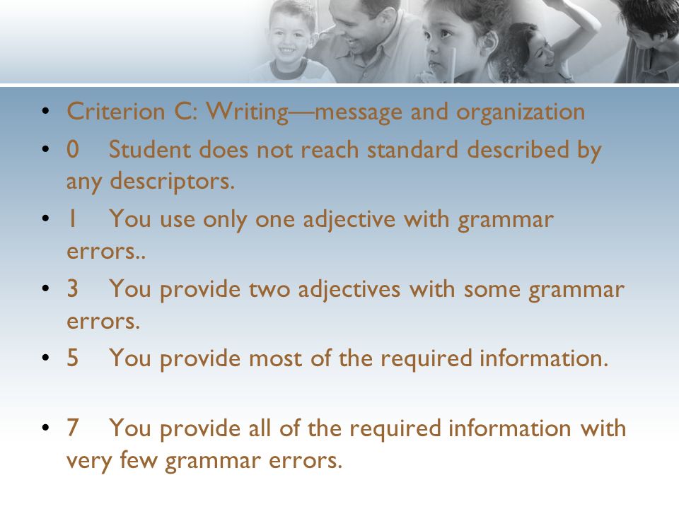 Criterion C: Writingmessage and organization 0Student does not reach standard described by any descriptors.