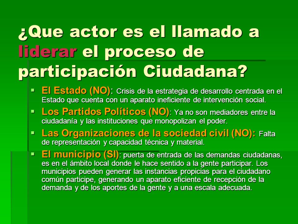 ¿Que actor es el llamado a liderar el proceso de participación Ciudadana.