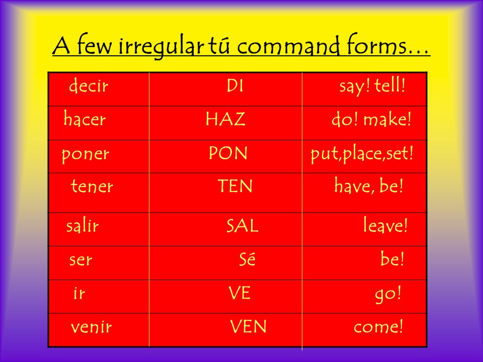 A few irregular tú command forms… decir DI say. tell.