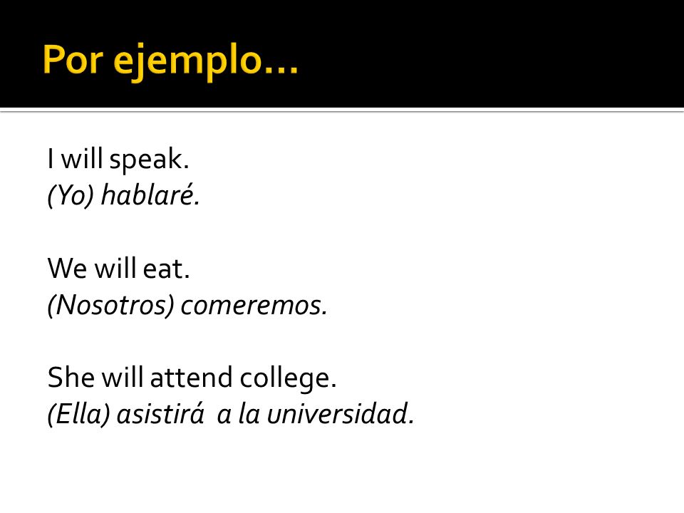 I will speak. (Yo) hablaré. We will eat. (Nosotros) comeremos.