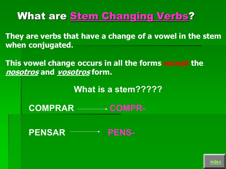 Stem Changing Verbs index e ie Explanation of Stem-Changing Verbs Practice with e ie Stem Changing Verbs o ue Explanation of Stem-Changing Verbs Practice with o ue Stem Changing Verbs u ue Explanation of Stem-Changing Verbs Practice with u ue Stem Changing Verbs Explanation and Practice of jugar + a sport index e i Explanation of Stem-Changing Verbs Practice with e i Stem Changing Verbs