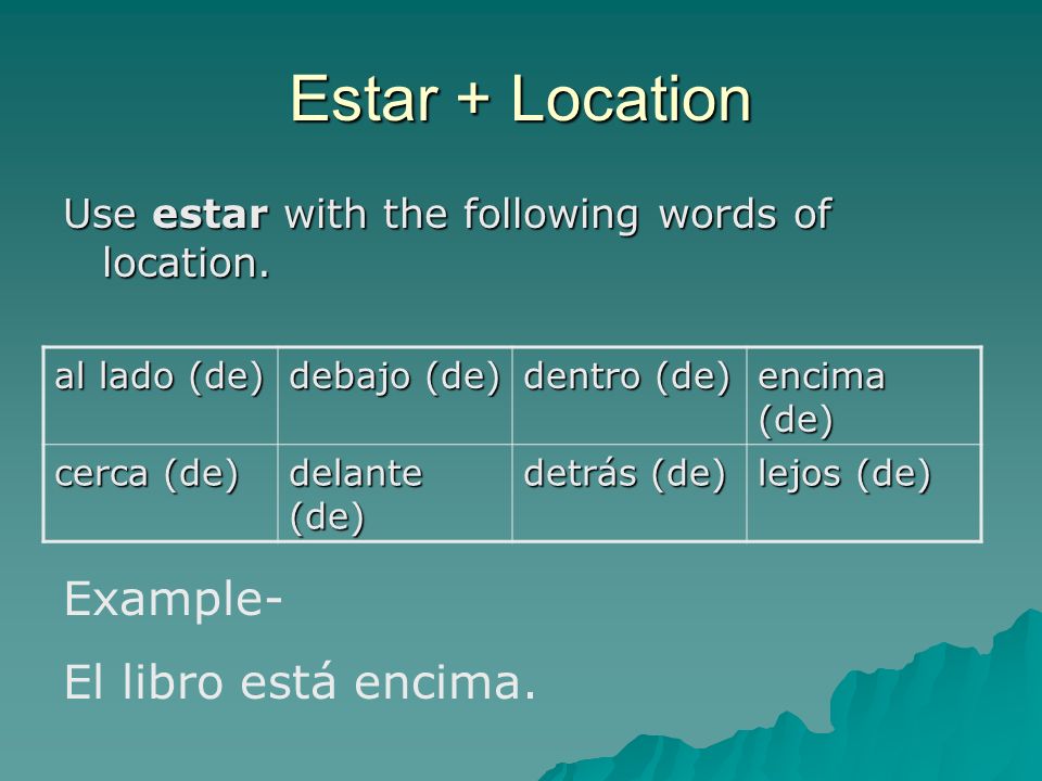 Estar + Location Use estar with the following words of location.