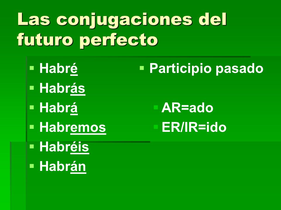 Las conjugaciones del futuro perfecto Habré Habrás Habrá Habremos Habréis Habrán Participio pasado AR=ado ER/IR=ido