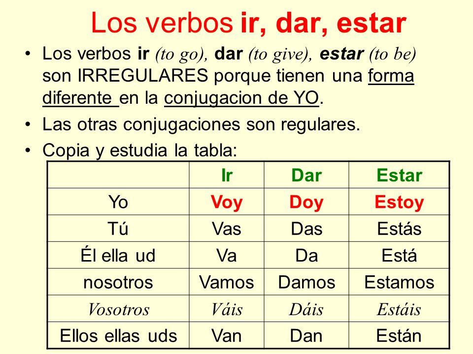 Los verbos ir, dar, estar Los verbos ir (to go), dar (to give), estar (to be) son IRREGULARES porque tienen una forma diferente en la conjugacion de YO.