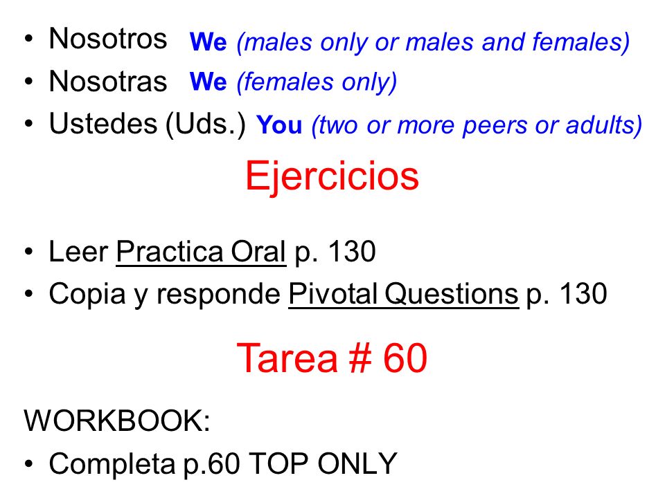 Nosotros Nosotras Ustedes (Uds.) Leer Practica Oral p.