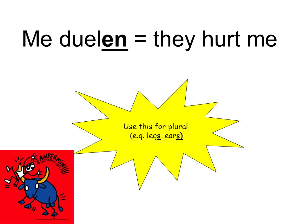 Me duelen = they hurt me Use this for plural (e.g. legs, ears)