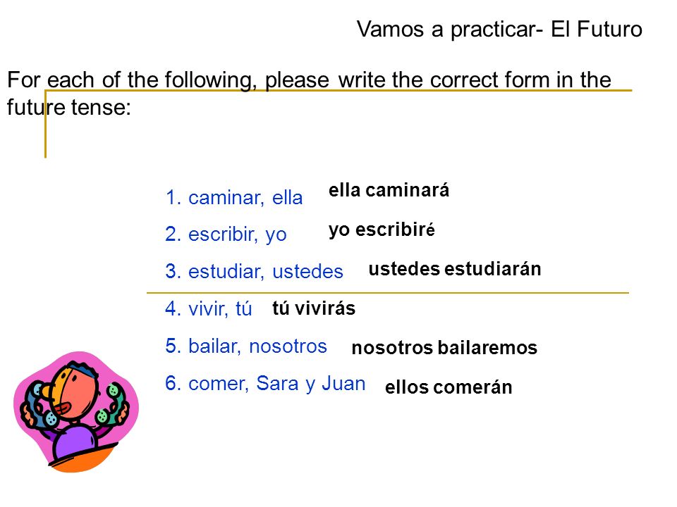 Vamos a practicar- El Futuro For each of the following, please write the correct form in the future tense: 1.