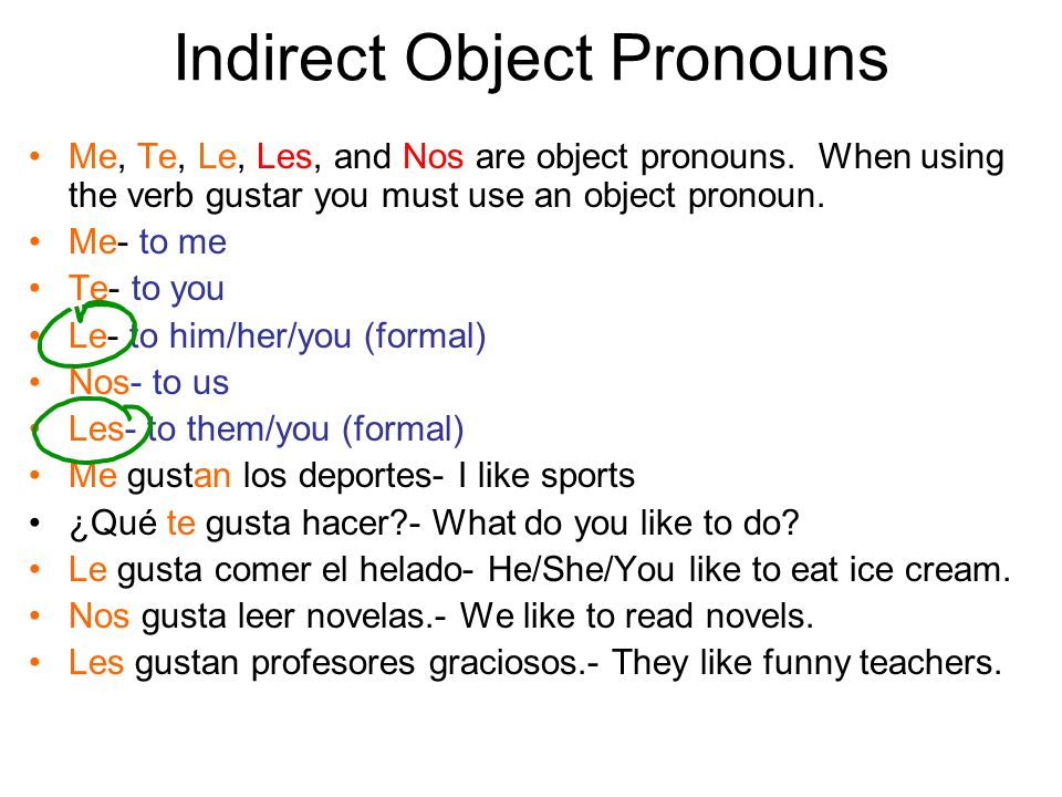 Indirect Object Pronouns Me, Te, Le, Les, and Nos are object pronouns.