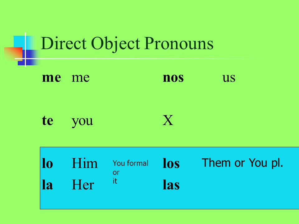 Direct Object Pronouns me teyou loHim laHer nosus X los las You formal or it Them or You pl.