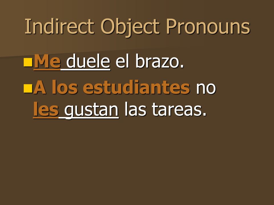 Indirect Object Pronouns These are the me, te, le, nos and les that you see beforegustar, interesar, faltar, fascinar, encantar, and doler.
