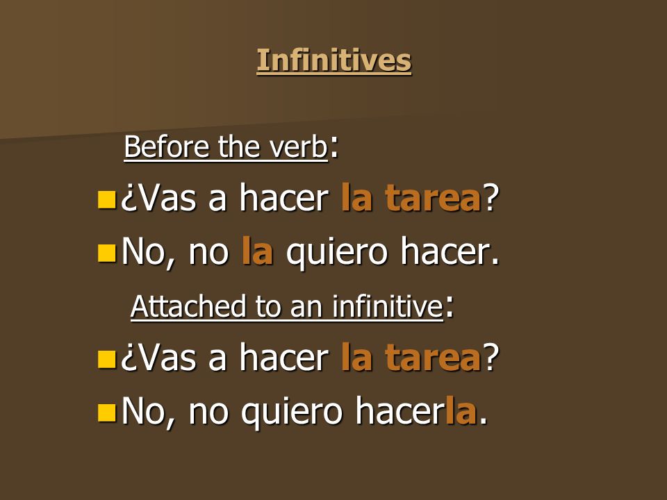 Present Participles Before the verb : Before the verb : ¿Vas a hacer la tarea.