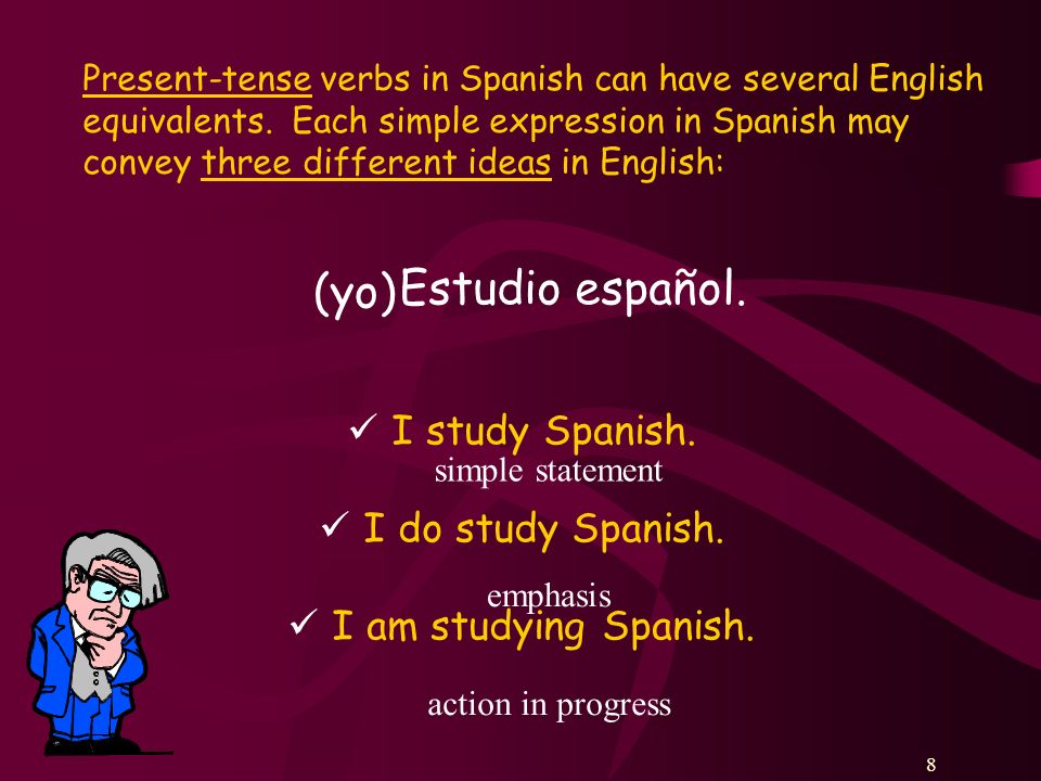 88 Present-tense verbs in Spanish can have several English equivalents.