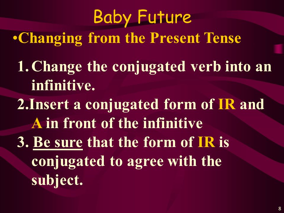 7 Baby Future When to use it 1.Only when someone is GOING to do something.