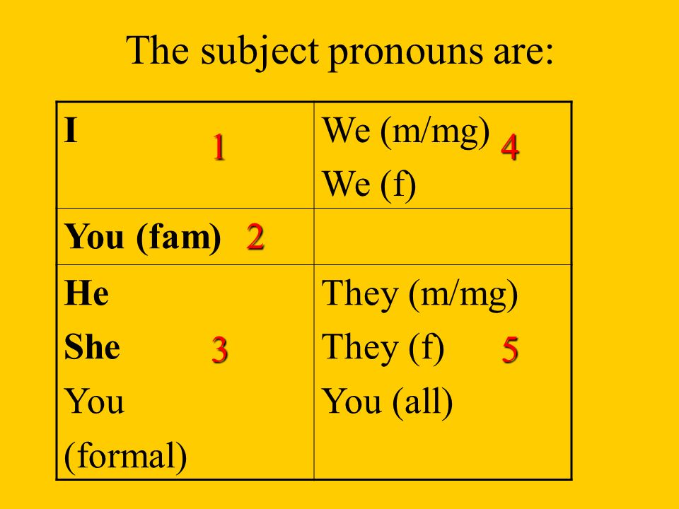 The subject pronouns are: IWe (m/mg) We (f) You (fam) He She You (formal) They (m/mg) They (f) You (all)