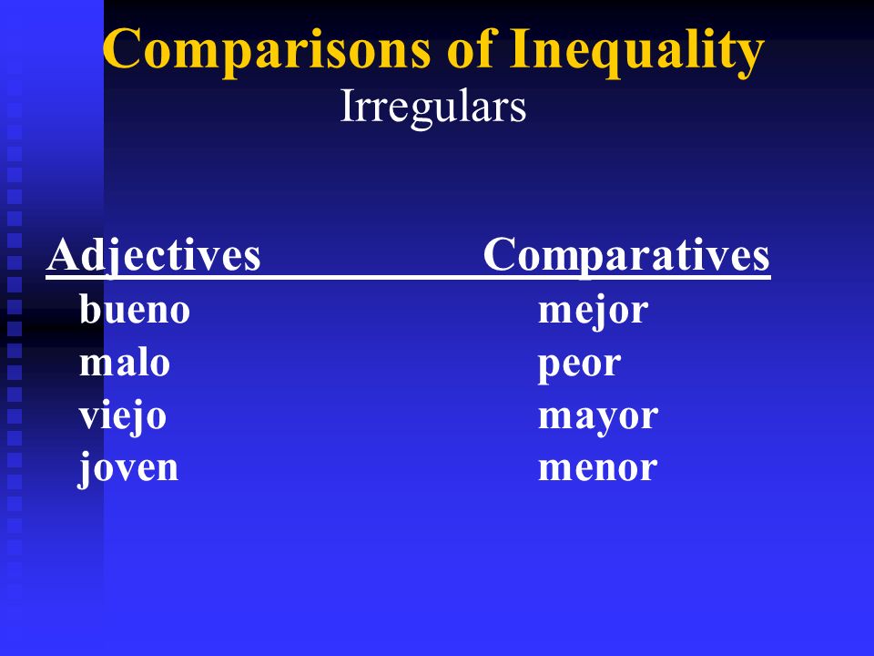 Comparisons of Inequality Irregulars AdjectivesComparatives bueno mejor malo peor viejo mayor joven menor