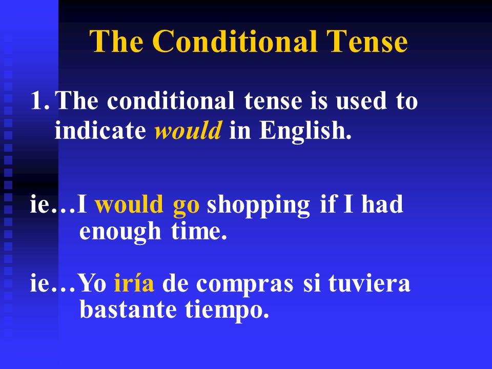 The Conditional Tense 1.The conditional tense is used to indicate would in English.