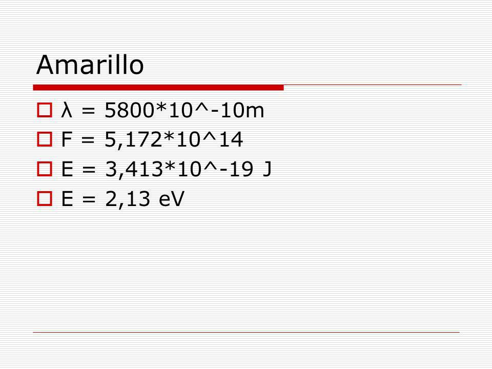 Amarillo λ = 5800*10^-10m F = 5,172*10^14 E = 3,413*10^-19 J E = 2,13 eV