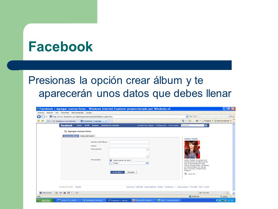 Facebook Presionas la opción crear álbum y te aparecerán unos datos que debes llenar