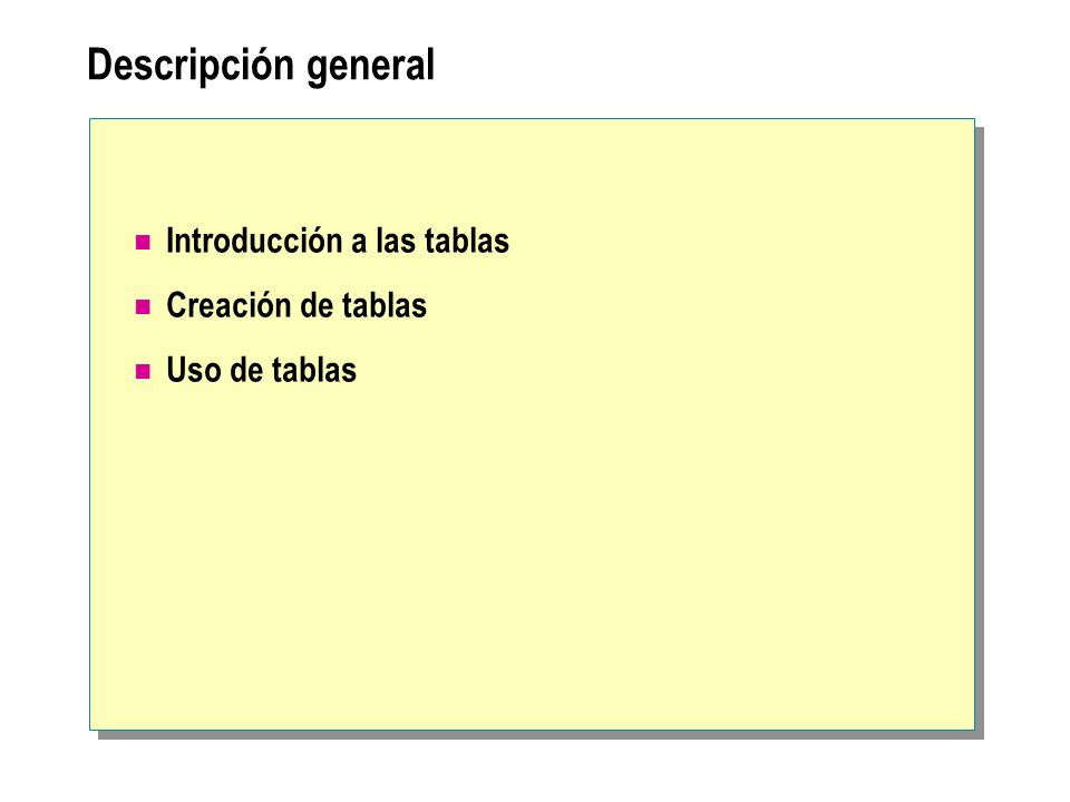 Descripción general Introducción a las tablas Creación de tablas Uso de tablas
