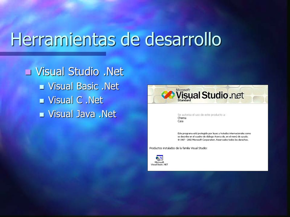 Herramientas de desarrollo Visual Studio.Net Visual Studio.Net Visual Basic.Net Visual Basic.Net Visual C.Net Visual C.Net Visual Java.Net Visual Java.Net