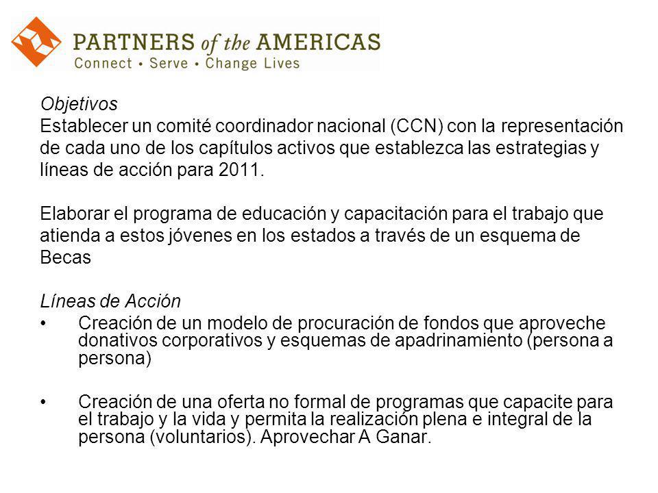 Objetivos Establecer un comité coordinador nacional (CCN) con la representación de cada uno de los capítulos activos que establezca las estrategias y líneas de acción para 2011.