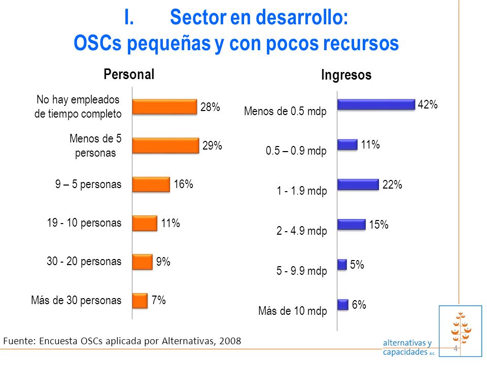 4 I.Sector en desarrollo: OSCs pequeñas y con pocos recursos Fuente: Encuesta OSCs aplicada por Alternativas, 2008