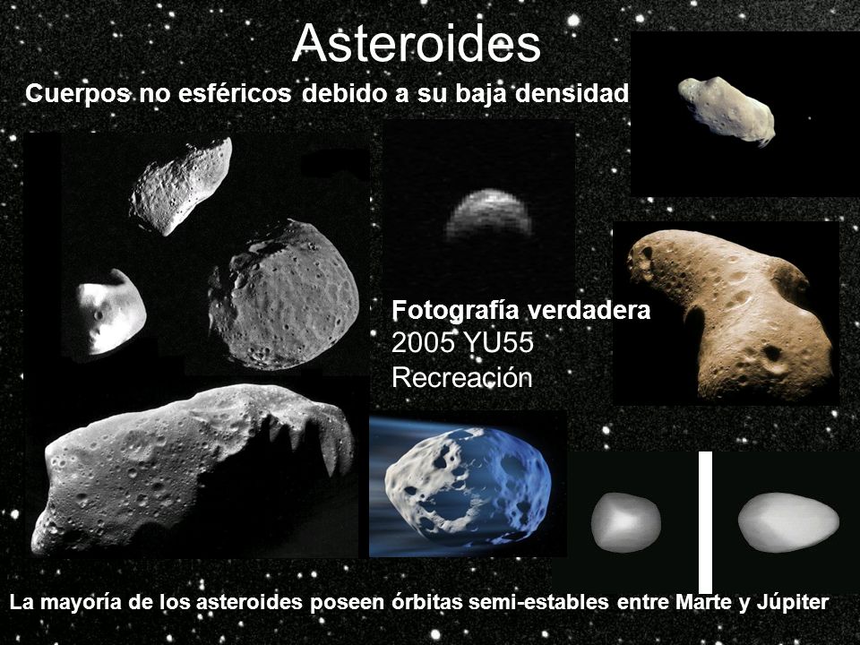 Asteroides La mayoría de los asteroides poseen órbitas semi-estables entre Marte y Júpiter Cuerpos no esféricos debido a su baja densidad Fotografía verdadera 2005 YU55 Recreación