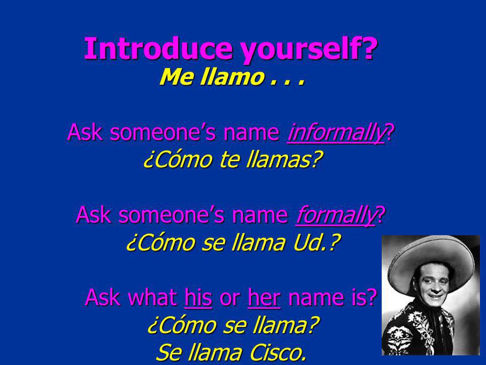 Introduce yourself. Me llamo... Ask someones name informally.