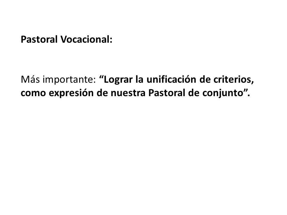Pastoral Vocacional: Más importante: Lograr la unificación de criterios, como expresión de nuestra Pastoral de conjunto.