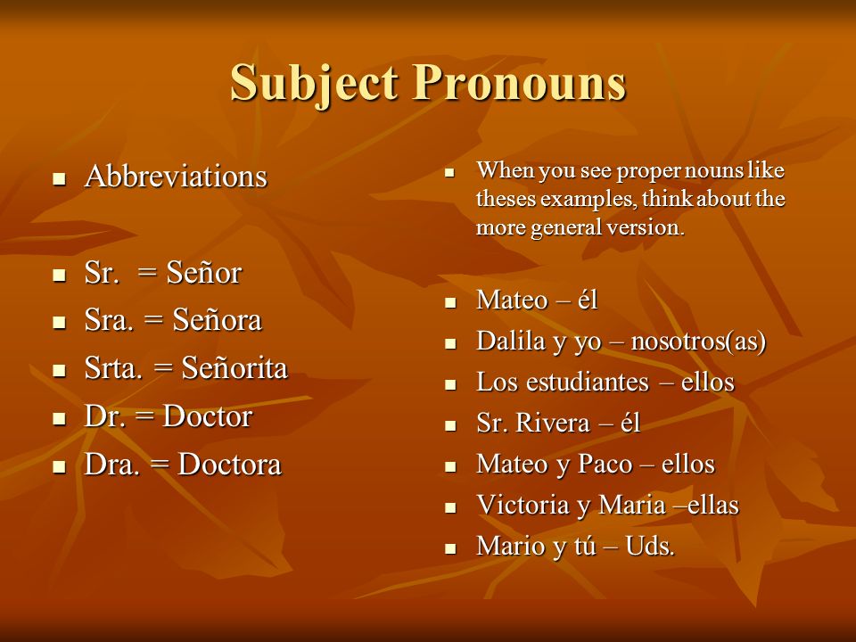 Subject Pronouns Abbreviations Sr. = Señor Sra. = Señora Srta.
