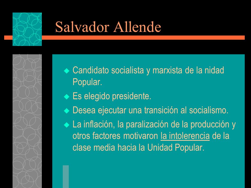 Salvador Allende Candidato socialista y marxista de la nidad Popular.