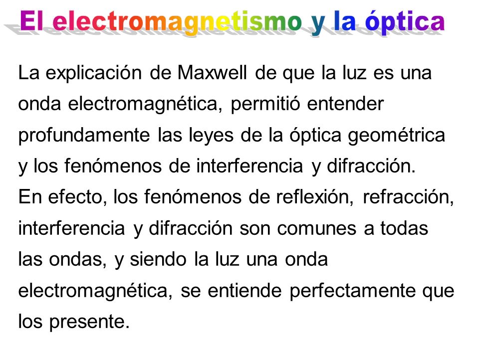 La explicación de Maxwell de que la luz es una onda electromagnética, permitió entender profundamente las leyes de la óptica geométrica y los fenómenos de interferencia y difracción.
