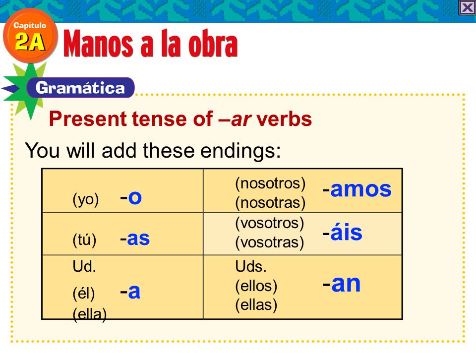 Present tense of –ar verbs You will add these endings: (yo) -o (tú) -as Ud.