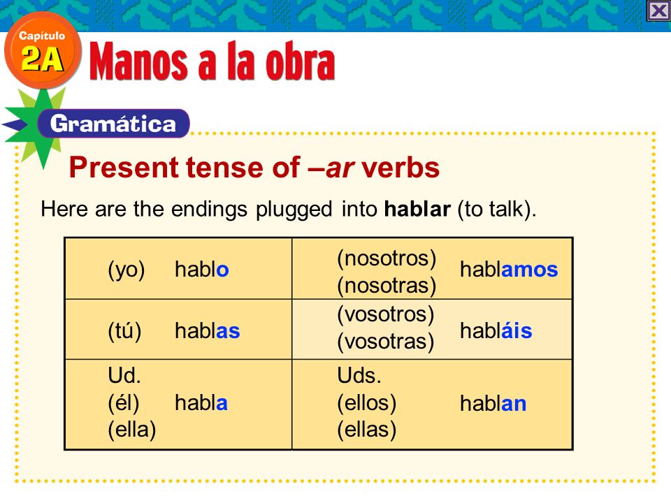 Present tense of –ar verbs Here are the endings plugged into hablar (to talk).