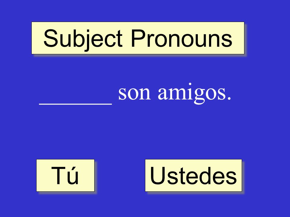 Subject Pronouns ______ son amigos. Ustedes Tú