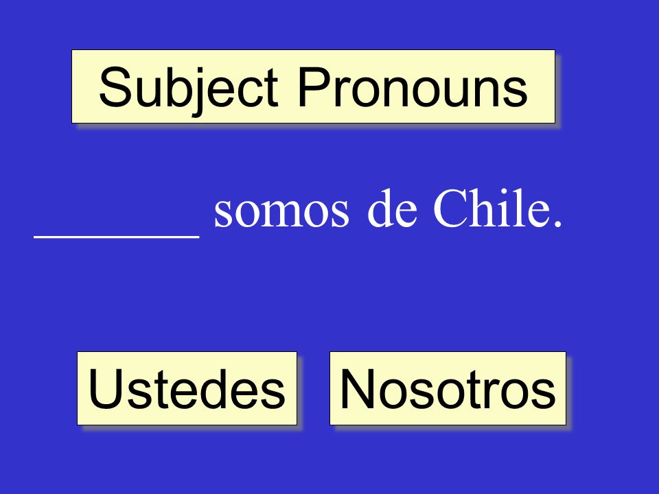 Subject Pronouns ______ somos de Chile. Nosotros Ustedes