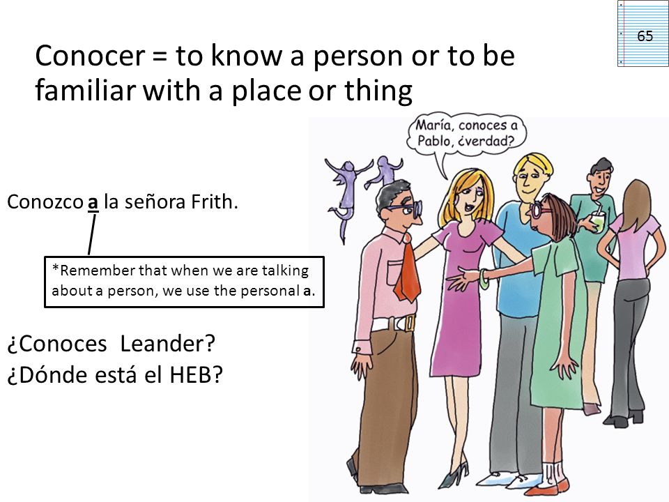 Conocer = to know a person or to be familiar with a place or thing 65 Conozco a la señora Frith.