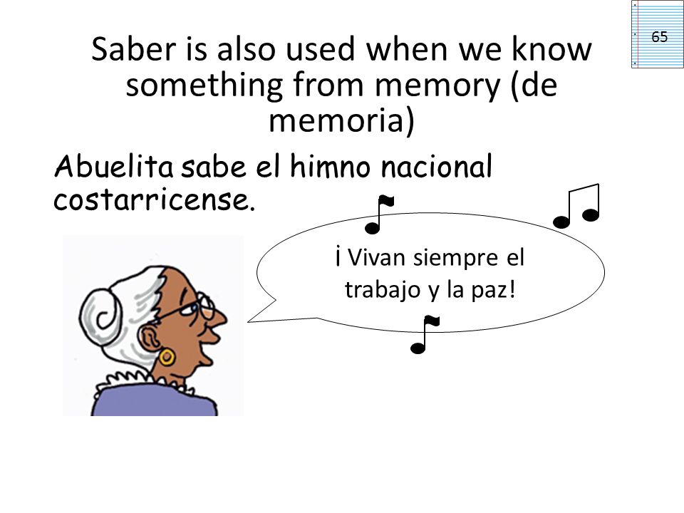 Saber is also used when we know something from memory (de memoria) Abuelita sabe el himno nacional costarricense.