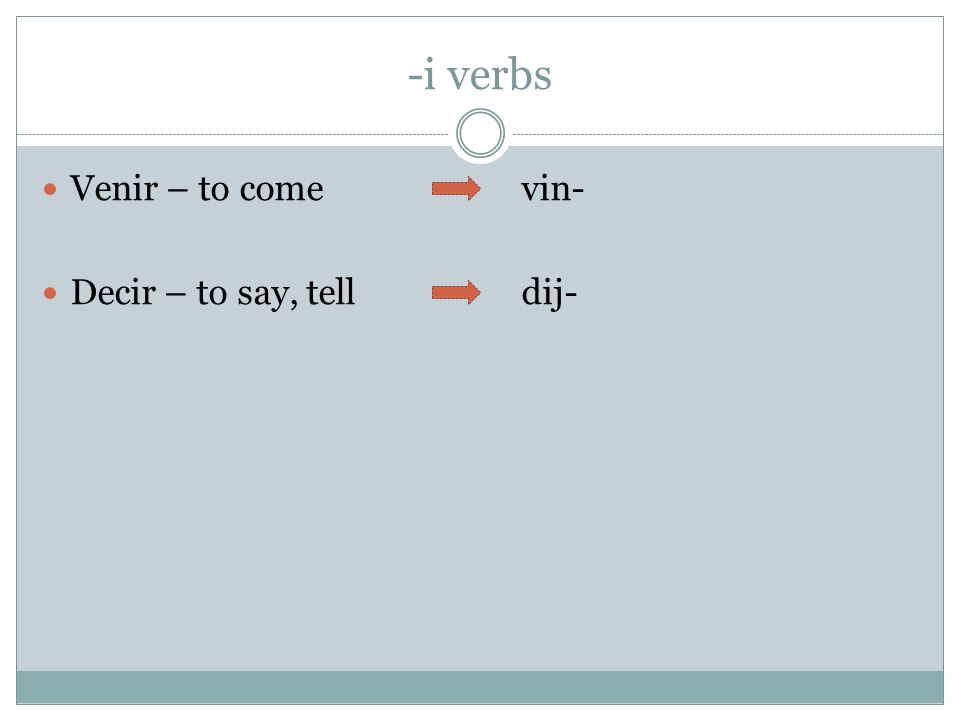 -i verbs Venir – to comevin- Decir – to say, telldij-