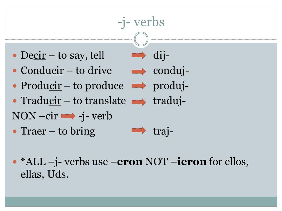 -j- verbs Decir – to say, telldij- Conducir – to driveconduj- Producir – to produceproduj- Traducir – to translatetraduj- NON –cir -j- verb Traer – to bringtraj- *ALL –j- verbs use –eron NOT –ieron for ellos, ellas, Uds.