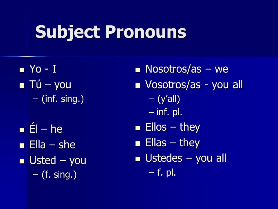 Subject Pronouns Yo - I Yo - I Tú – you Tú – you –(inf.