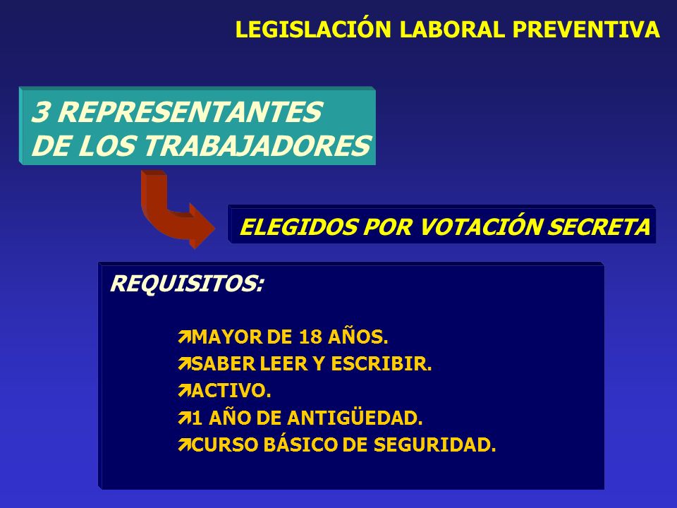 ELEGIDOS POR VOTACIÓN SECRETA 3 REPRESENTANTES DE LOS TRABAJADORES LEGISLACIÓN LABORAL PREVENTIVA REQUISITOS: MAYOR DE 18 AÑOS.