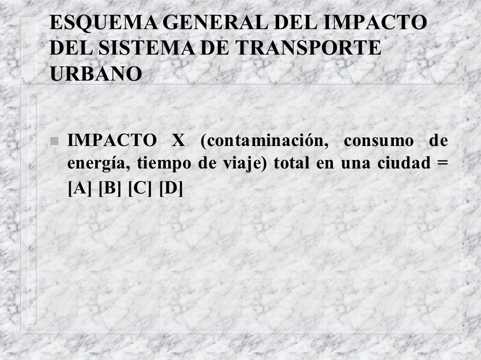 ESQUEMA GENERAL DEL IMPACTO DEL SISTEMA DE TRANSPORTE URBANO n IMPACTO X (contaminación, consumo de energía, tiempo de viaje) total en una ciudad = [A] [B] [C] [D]