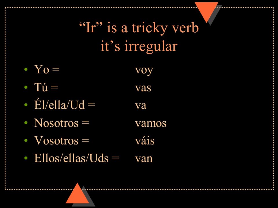 Ir is a tricky verb its irregular Yo = voy Tú = vas Él/ella/Ud = va Nosotros = vamos Vosotros = váis Ellos/ellas/Uds = van