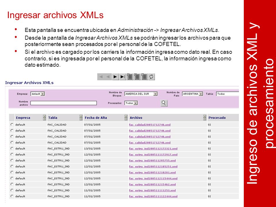 Ingresar archivos XMLs Ingreso de archivos XML y procesamiento Esta pantalla se encuentra ubicada en Administración -> Ingresar Archivos XMLs.