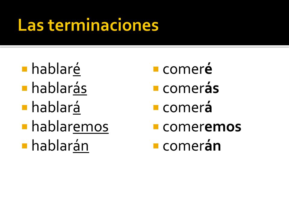 = will + verb (I will go, she will travel) Same endings for –ar, -er, and –ir verbs All endings applied to the infinitive form All forms have an accent except nosotros